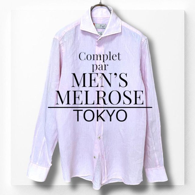 【メンズメルローズ】シャツ 麻 ピンク 長袖 L ワイドカラー ドレスシャツ