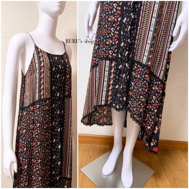 美品 alice+olivia パッチワークプリント×レーストリム ワンピース-