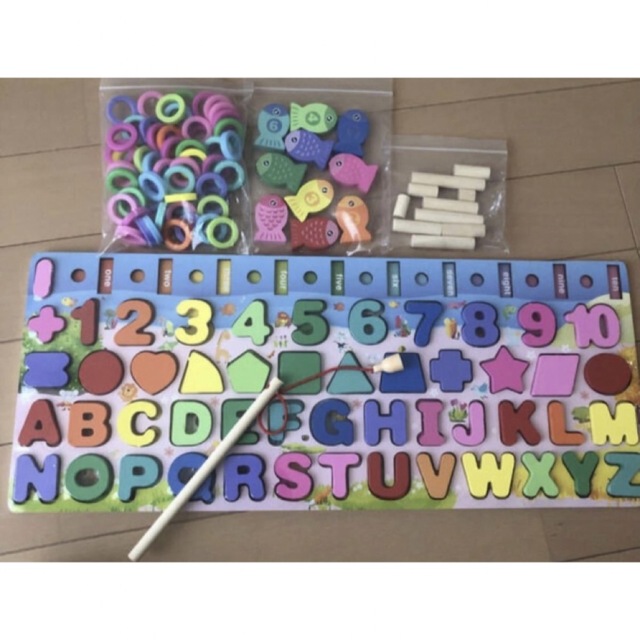 モンテッソーリ　木製型はめパズル　魚釣り　数字　英語　アルファベット　知育玩具 キッズ/ベビー/マタニティのおもちゃ(知育玩具)の商品写真
