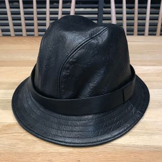 グッチ(Gucci)の超美品 グッチ バケットハット グッチシマ レザー ブラック Mサイズ 黒(ハット)