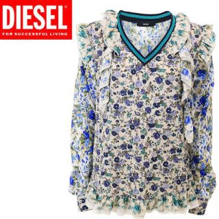 ディーゼル(DIESEL)のDIESEL ディーゼル 総柄 花柄 レースフリル装飾 長袖ブラウス　ブルー(シャツ/ブラウス(長袖/七分))