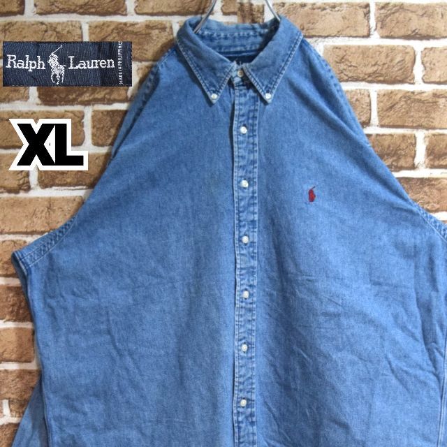 ラルフローレン》レッド刺繍ロゴ XLサイズ 長袖デニムシャツ 人気TOP