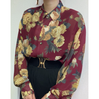 グリモワール(Grimoire)のボルドー 赤 花柄 透け感 羽織り シャツ(その他)