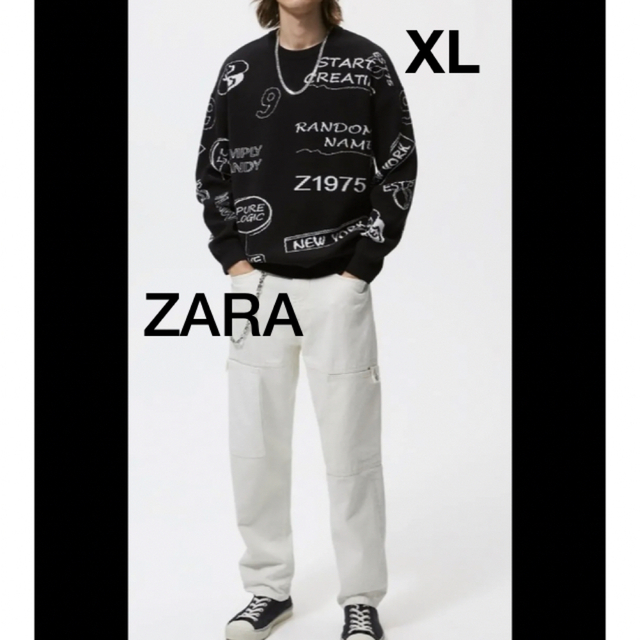 美品 ZARA ザラ ジャガードスローガン セーター XL ブラック 総柄