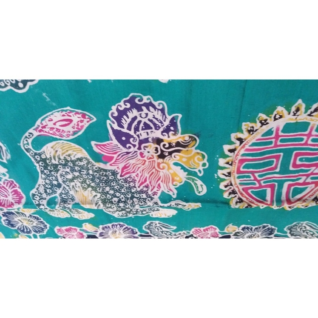 インドネシア オールド バティック 紺 緑カラフル 虎 龍 花柄 型押 手描き 3