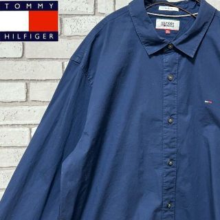 トミーヒルフィガー(TOMMY HILFIGER)のTOMMY HILFIGER 長袖カラーシャツ 刺繍 ネイビー レディースXL(シャツ/ブラウス(長袖/七分))