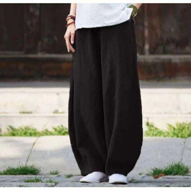 ワイドパンツ M ブラック ゆるパンツ サルエルパンツ レディース 綿麻