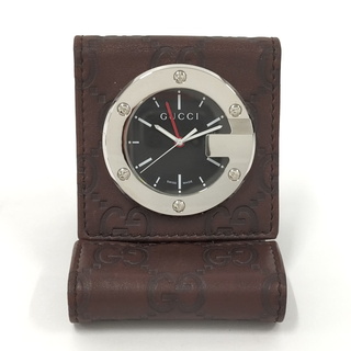 グッチ(Gucci)のGUCCI トラベル 置き時計 クオーツ シマ レザー ブラウン ブラック文字盤(置時計)