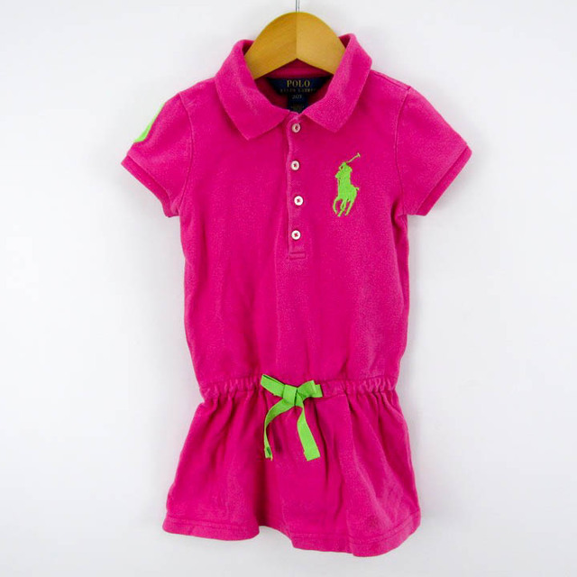 POLO RALPH LAUREN(ポロラルフローレン)のポロ・ラルフローレン 半袖ポロシャツ ワンピース 切替 リボン ベビー 女の子用 2T 95位サイズ ピンク POLO RALPH LAUREN キッズ/ベビー/マタニティのベビー服(~85cm)(Ｔシャツ)の商品写真