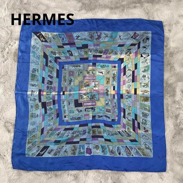 HERMES　エルメス　カレ90　切手　スカーフ　シルク100% 青　カレ90バンダナ/スカーフ