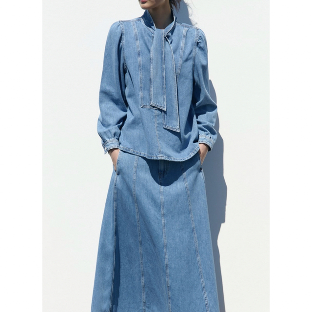 ZARA(ザラ)のZARA リボンデニムブラウス　美品　Lサイズ レディースのトップス(シャツ/ブラウス(長袖/七分))の商品写真