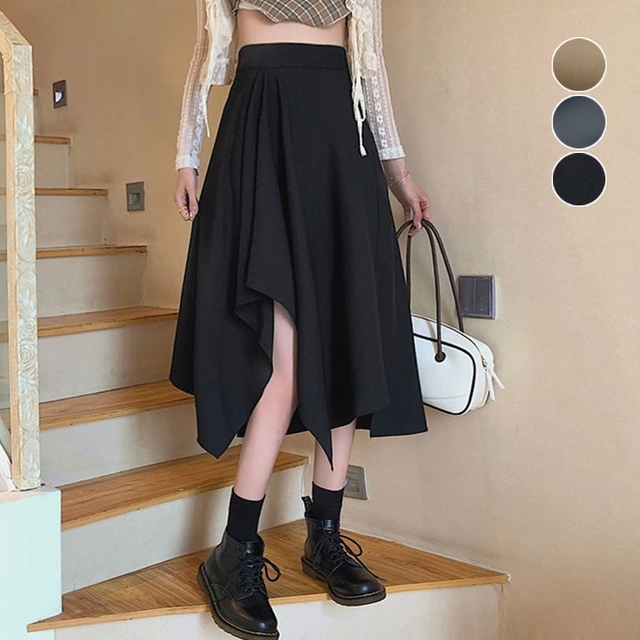 ♬さらさらアシンメトリー スカート Aライン ダークグレー■韓国ファッション