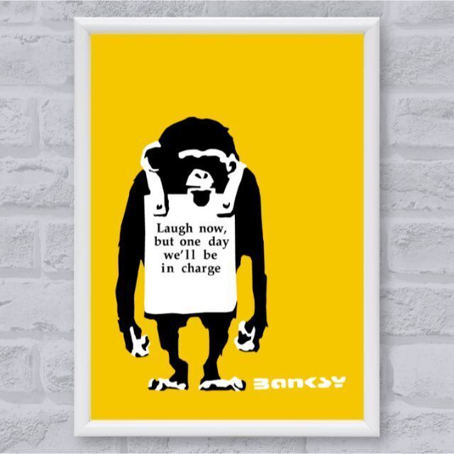 アートポスター A4フレーム付 バンクシー Laugh 猿黄色サイズ可変 212 ハンドメイドのインテリア/家具(アート/写真)の商品写真