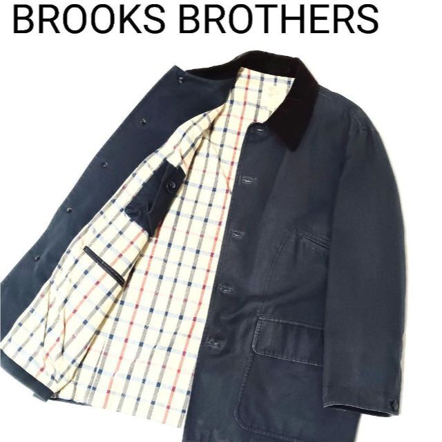 Brooks Brothers ステンカラーコート 裏地チェック ネイビー L