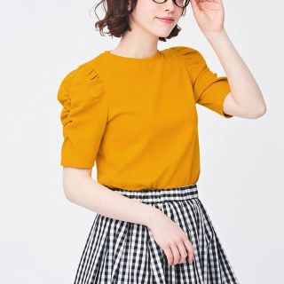 ジーユー(GU)の美品！GU リブボリュームスリーブコンパクトT(半袖) ORANGE(Tシャツ(半袖/袖なし))