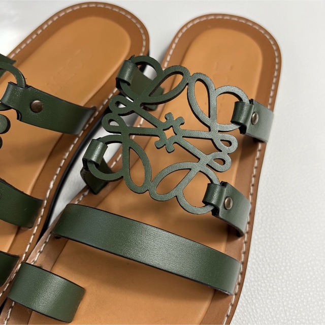 LOEWE ロエベ アナグラム フラットサンダル レザー 38 グリーン 【送料