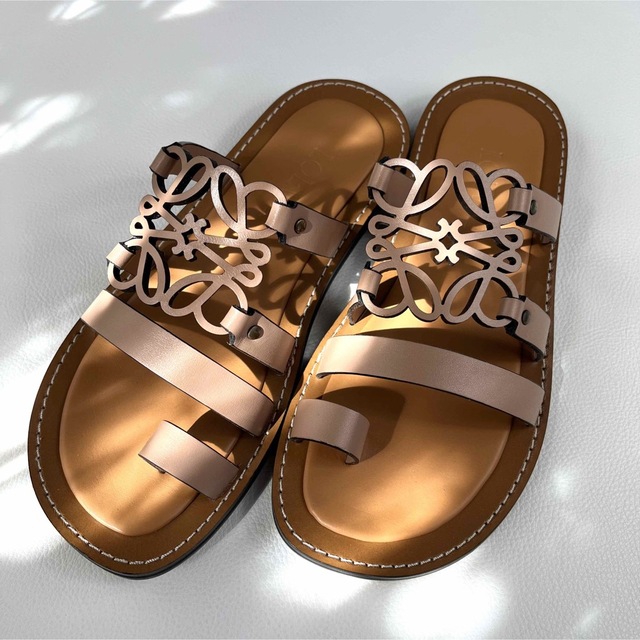 LOEWE ロエベ アナグラム フラットサンダル レザー 36 ピンクベージュ