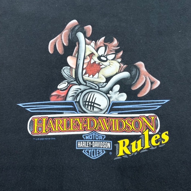 ハーレー ダビッドソン HARLEY-DAVIDSON Tシャツ 半袖 ショートスリーブ ロゴ ルーニーテューンズ タズマニアンデビル 両面プリント Hanes MADE IN U.S.A サイズ：Boy's L ブラック   mellow ゆうパケット対応