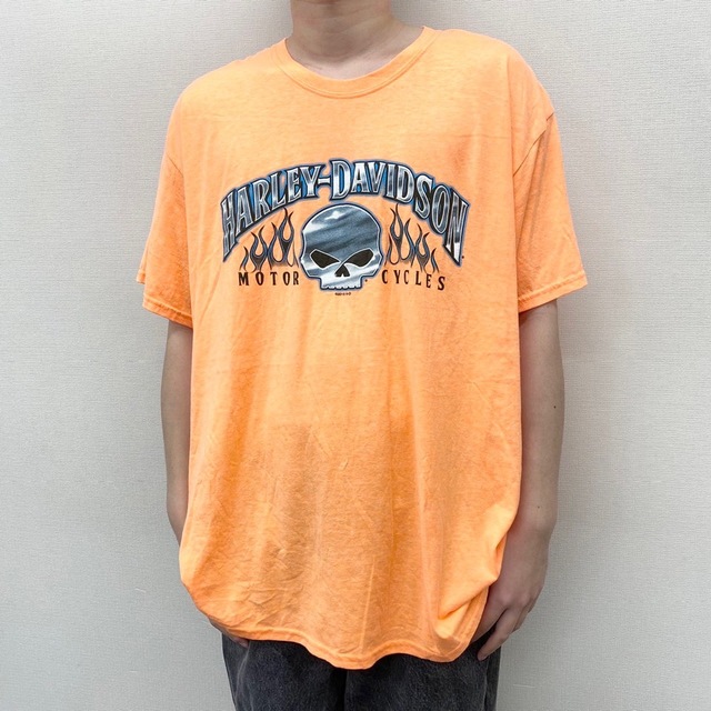 ハーレー ダビッドソン HARLEY-DAVIDSON Tシャツ 半袖 ショートスリーブ スカル ロゴ 両面プリント Hanes X-TEMP サイズ：3XL オレンジ   mellow