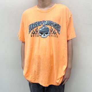 ヘインズ(Hanes)の【中古】 ハーレー ダビッドソン HARLEY-DAVIDSON Tシャツ 半袖 ショートスリーブ スカル ロゴ 両面プリント Hanes X-TEMP サイズ：3XL オレンジ 古着 中古 mellow(Tシャツ/カットソー(半袖/袖なし))