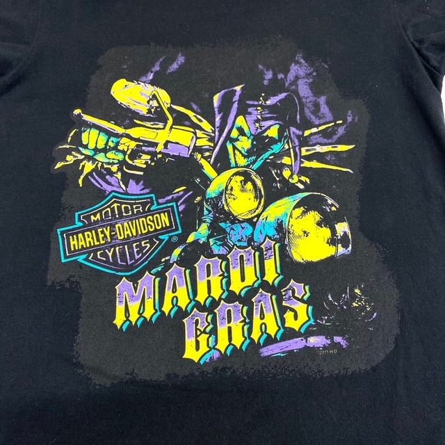 【中古】 ハーレー ダビッドソン HARLEY-DAVIDSON Tシャツ 半袖 ショートスリーブ ピエロ MAROI GRAS ロゴ 両面プリント  サイズ：S ブラック 古着 中古 mellow ゆうパケット対応