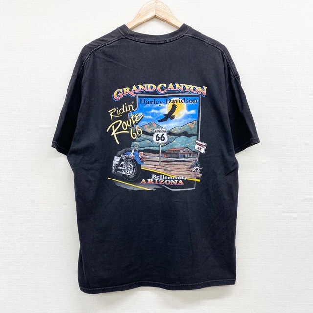 Hanes(ヘインズ)の【中古】 ハーレー ダビッドソン HARLEY-DAVIDSON Tシャツ 半袖 ショートスリーブ GRAND CANYON ロゴ 両面プリント Hanes MADE IN U.S.A サイズ：XL ブラック 古着 中古 mellow ゆうパケット対応 メンズのトップス(Tシャツ/カットソー(半袖/袖なし))の商品写真