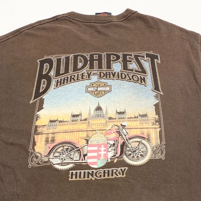 ハーレー ダビッドソン HARLEY-DAVIDSON Tシャツ 半袖 ショートスリーブ BUDAPEST ロゴ 両面プリント サイズ：M ブラウン   mellow ゆうパケット対応