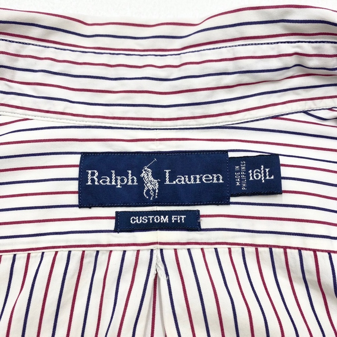 【中古】 ラルフローレン Ralph Lauren ボタンダウンシャツ ストライプ柄 ロゴ ワンポイント ポニー刺繍 長袖 ロングスリーブ  CUSTOM FIT サイズ：16/L ホワイト×ネイビー×エンジ系 古着 中古 mellow