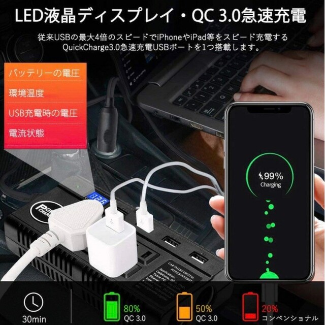 インバーター  車載 充電器 コンバーター 高速充電 USB コンセント 自動車/バイクの自動車(車内アクセサリ)の商品写真