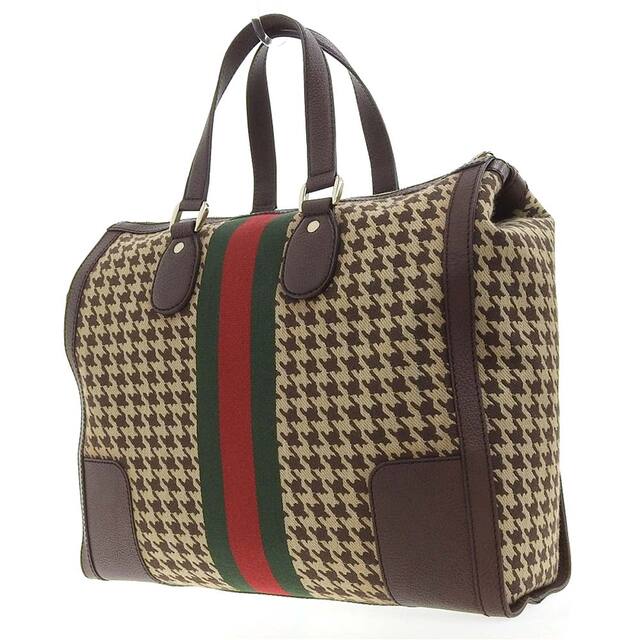 【本物保証】 布袋付 新品同様 グッチ GUCCI セブンティーズ 千鳥柄 ボストンバッグ キャンバス×レザー ブラウン 271624 525040  希少 レア