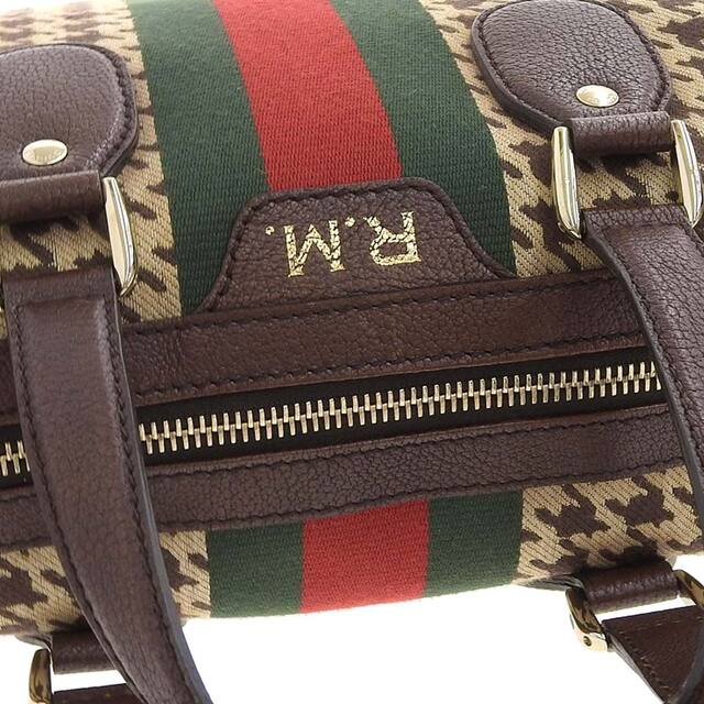 【本物保証】 布袋付 新品同様 グッチ GUCCI セブンティーズ 千鳥柄 ボストンバッグ キャンバス×レザー ブラウン 271624 525040  希少 レア