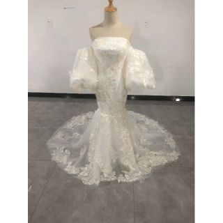 新品在庫処理！激安！繊細レース ウェディングドレス ホワイト パフスリーブ 結婚(ウェディングドレス)