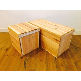 りんご箱 蓋付 角箱 4箱 // ストレージボックス ウッドボックス 収納箱