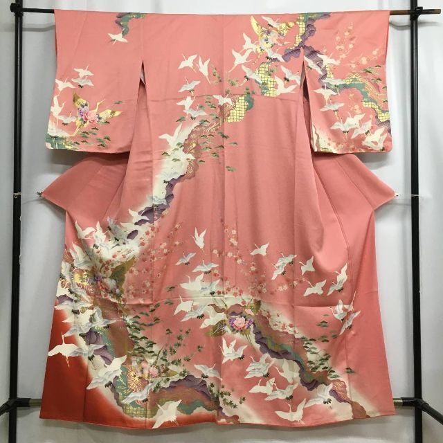 金鶴に牡丹文様小振袖 振袖 小振袖 着物 金彩 有職文様 ピンク 昭和