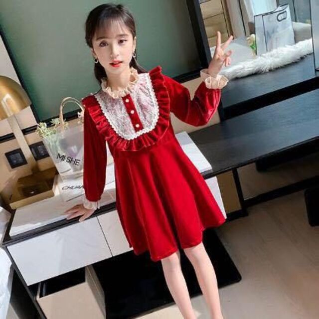 女の子130cm ベルベットワンピース　レッド（4944ZC） キッズ/ベビー/マタニティのキッズ服女の子用(90cm~)(ワンピース)の商品写真