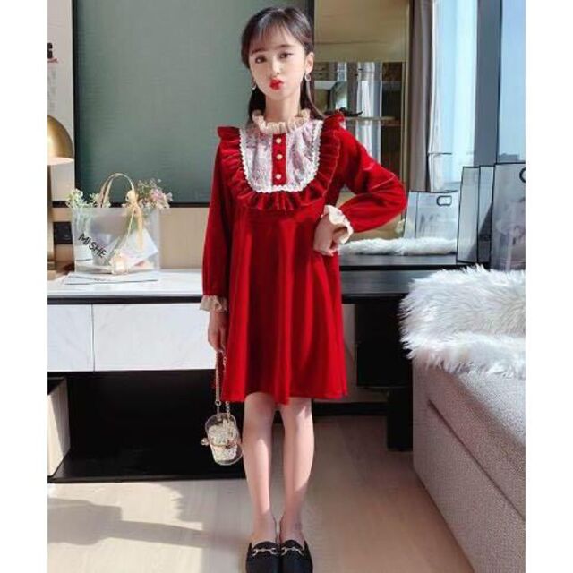 女の子130cm ベルベットワンピース　レッド（4944ZC） キッズ/ベビー/マタニティのキッズ服女の子用(90cm~)(ワンピース)の商品写真