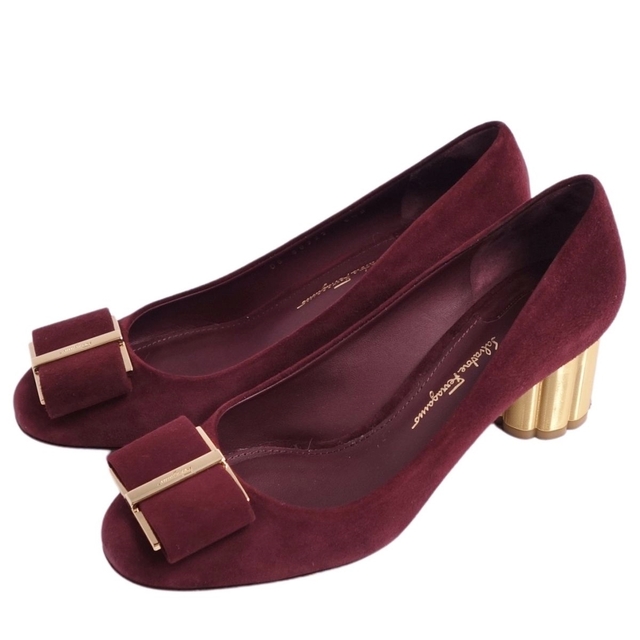 美品 フェラガモ FERRAGAMO パンプス ローヒール ベルベッド vara