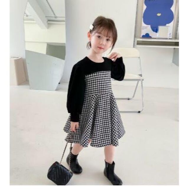 女の子130cm　千鳥柄ワンピース　ブラック（4928ZC） キッズ/ベビー/マタニティのキッズ服女の子用(90cm~)(ワンピース)の商品写真