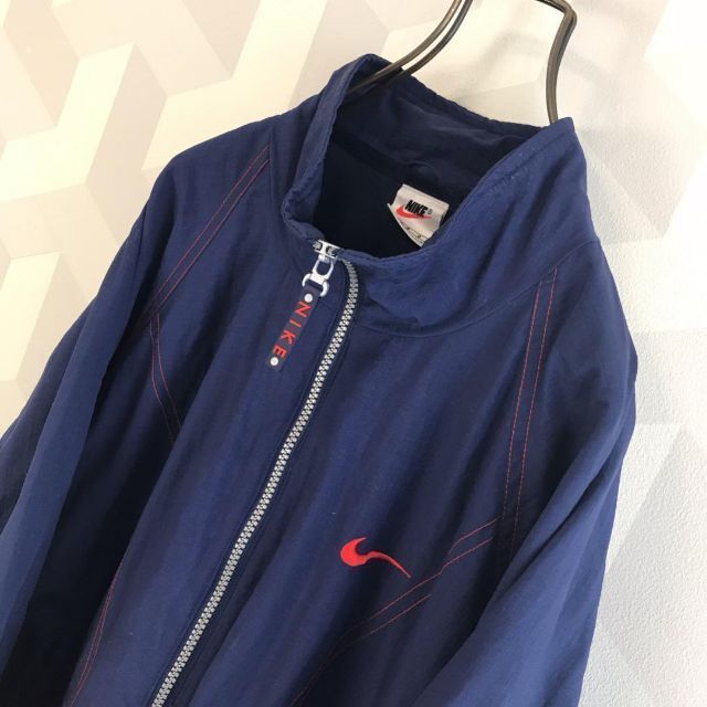 【90s銀タグ】ナイキ刺繍ロゴナイロンジャケットメンズM相当ネイビー Nike