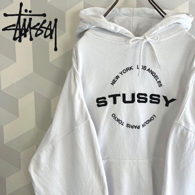 STUSSY - 【stussy】刺繍センターロゴ やや肉厚 スウェットパーカー 白