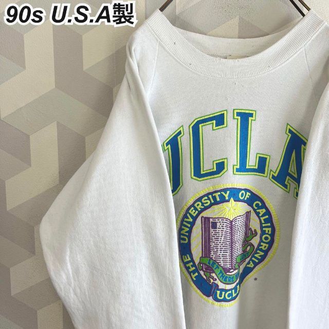 【90s USA製】UCLA XLネオンカラー カレッジスウェットトレーナー 白