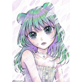 手描きイラスト オリジナル 創作 原画 ATCサイズ 緑 紫 けもみみ 女の子(アート/写真)