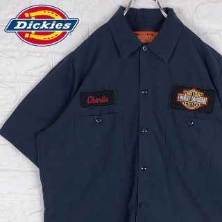 ディッキーズ(Dickies)のディッキーズ ハーレーダビッドソン 刺繍ロゴワッペン 半袖ワークシャツ ネイビー(シャツ)