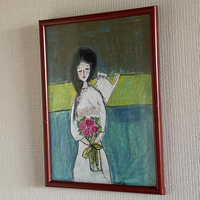 絵画。壁掛け絵原画手描き【猫たちは花が咲いた庭で演奏会を開く