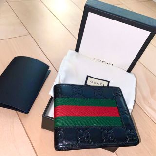 グッチ(Gucci)の極美品✨　GUCCI　シマ　折り財布　シェリーライン　黒レザー　箱付き　袋付き(折り財布)