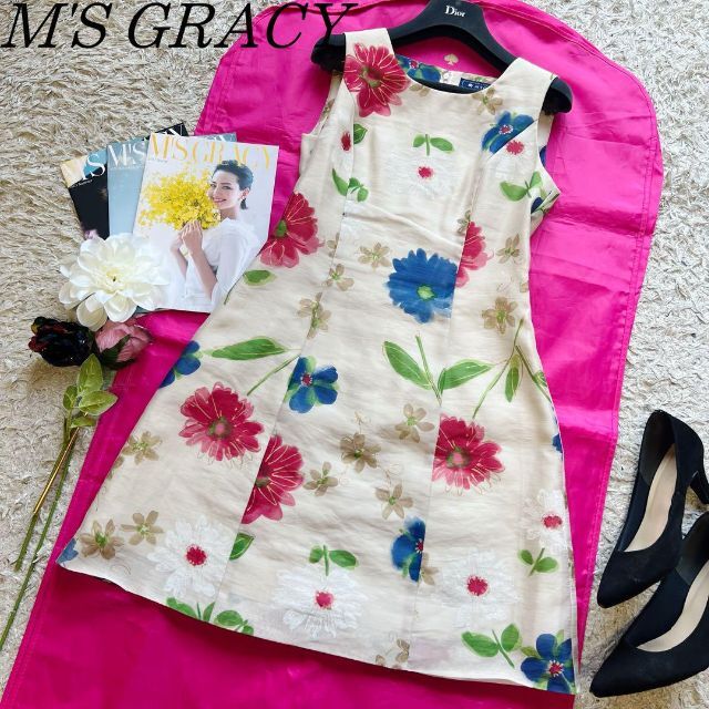 【美品】M'S GRACY 花柄ワンピース フレア ベージュ ノースリーブ 36