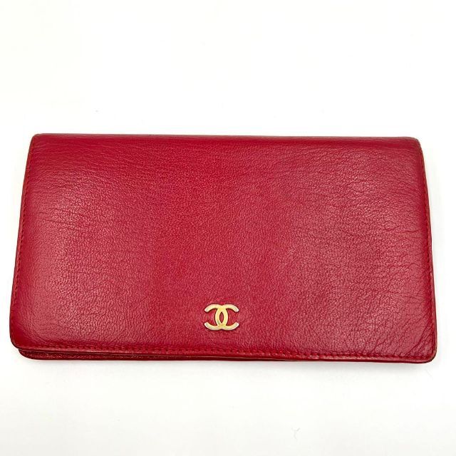【極上品】シャネル 二つ折り財布 ココマーク レッド レザー ゴールド金具