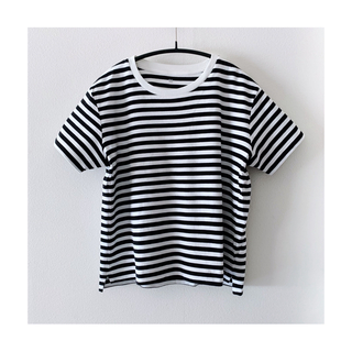 無印良品　綿スムースクルーネックボーダーＴシャツ婦人Ｍ・黒×ボーダー(Tシャツ(半袖/袖なし))