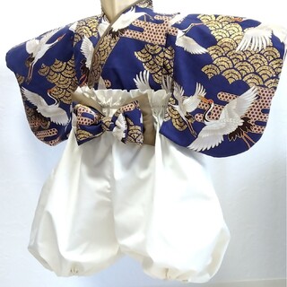 ベビー袴⑫【鶴の舞い】ヘアーバンドセット百日祝い、節句、サイズ70~80(和服/着物)