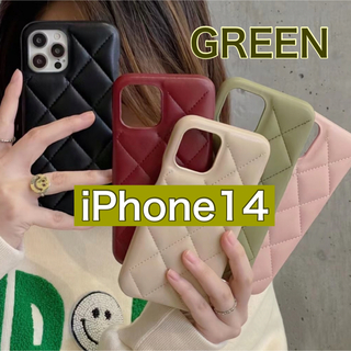 iPhone14 キルティング　グリーン　iPhoneケース　レザー　合皮　韓国(iPhoneケース)